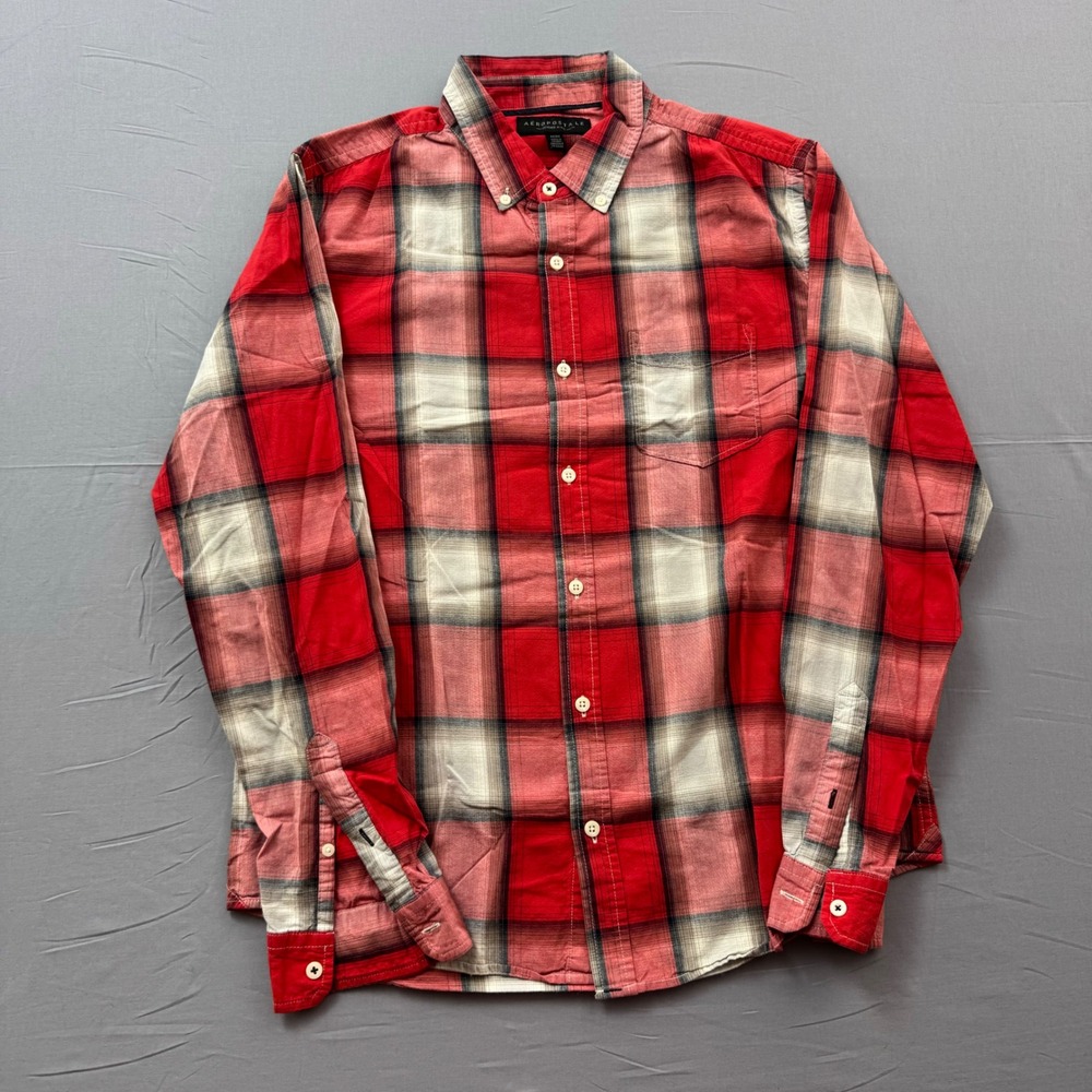 Aeropostale Mens Red Plaid Long Sleeve Button Down Shirt Size Medium 100% Cotton